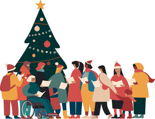 Group of Happy People in Santa Hats Singing Christmas Carols. Winter Holidays Characters. Xmas Singers Caroling Choir Man and Woman. Isolated flat Vector illustration