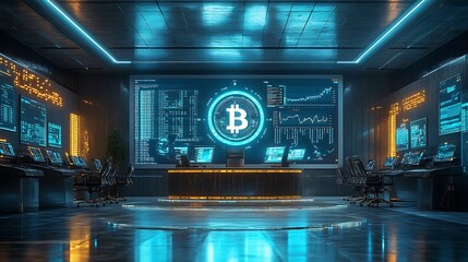 A futuristic bank lobby where regulators monitor cryptocurrency markets, holographic charts showing bitcoin price fluctuations and compliance metrics,