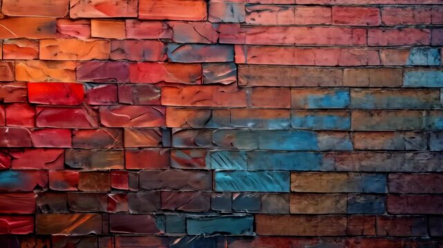A close-up of a brick wall painted in shades of red and blue