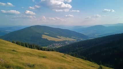 A bright and picturesque landscape of the Carpathian Mountains, featuring a view of Mount Petros in Ukraine.