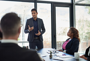Meeting, pitch and business people in office with ideas, plan and sales development proposal....