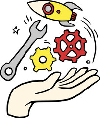 Teams Holding Setting Gear Hand Drawn Illustration