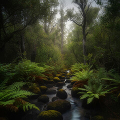 A serene forest scene with soft light filtering through tall trees, a peaceful stream flowing through rocks, surrounded by lush green plants