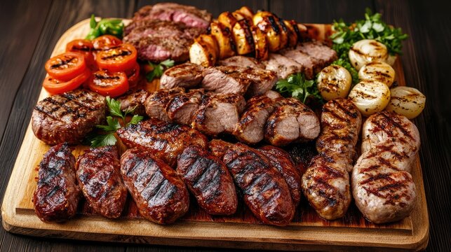 Variety of Grilled Meats and Vegetables Served on a Large Wooden Board Showcasing a Delectable Barbecue Feast Perfect for Sharing and Entertaining