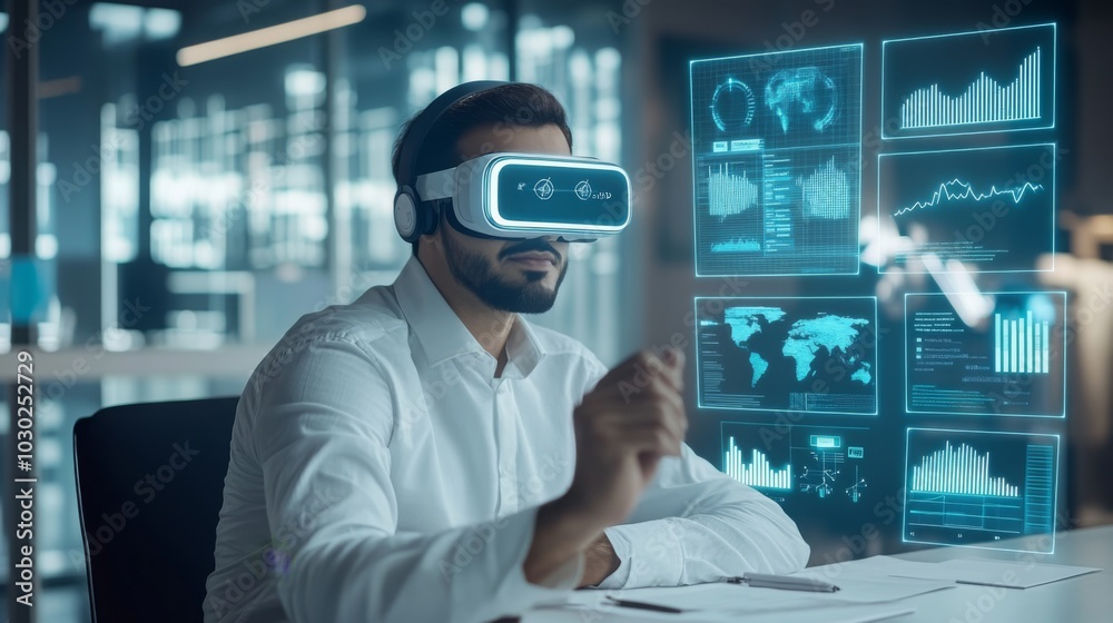 Poster a man wearing a white shirt, headphones, and a virtual reality headset is sitting at a desk in an of