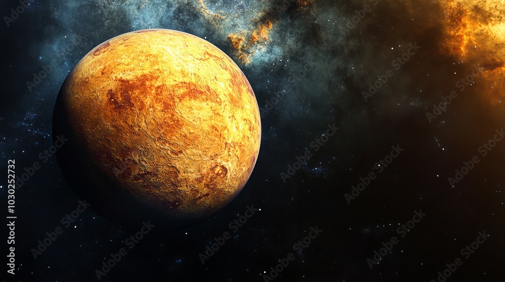 Poster an image depicting a planet in outer space.
