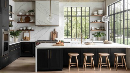 Modern kitchen design with matte black cabinets and marble countertops in a spacious setting with natural light