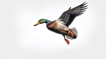 Obraz premium Mallard Duck in Flight Against a White Background