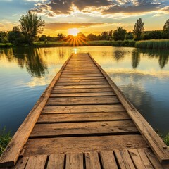 Naklejka premium Golden Hour Serenity Tranquil Wooden Dock Stretching Towards the Sunset Over a Calm Lake