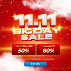 11.11 Shopping day Sale discount deals Vibrant Red gradient  bright background banner