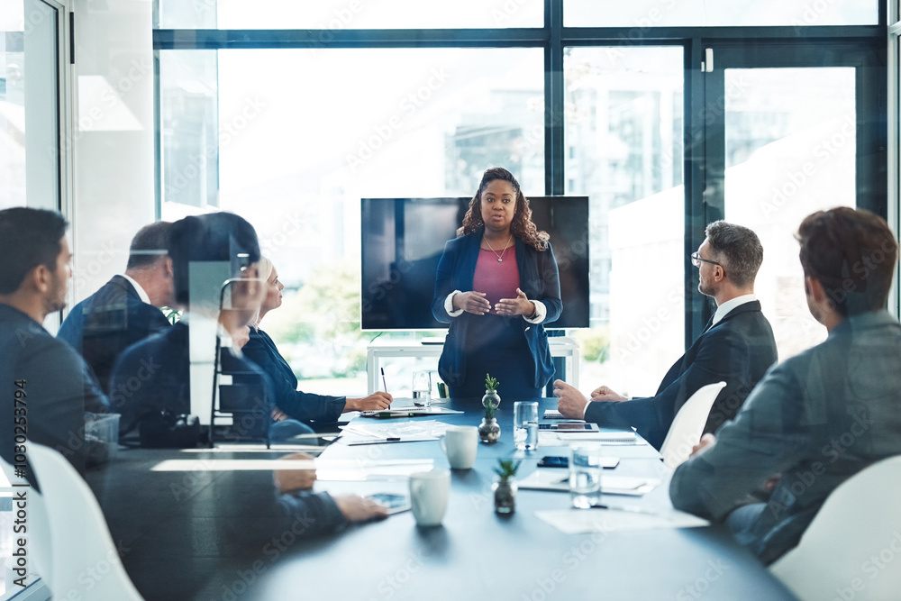 Aufkleber business woman, presentation and screen in office for app innovation, software or machine learning. 