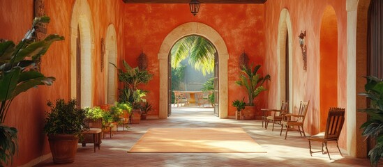 An open doorway in a terracotta-walled hallway leading to a lush garden with terracotta-colored floor.