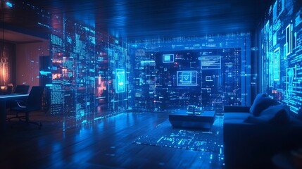 Obraz premium A futuristic home with IoT devices collecting data, holographic data streams connecting smart devices to a legal interface, lawyers discussing privacy laws and data protection,