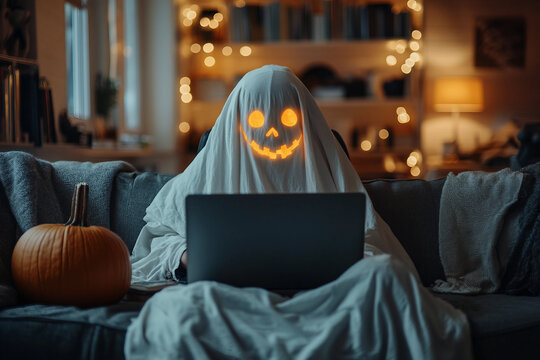 Office workers at halloween party designed with generative AI