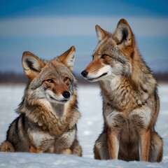 Fototapeta premium Coyote pair against the blue winter sky. Animals in the wild.