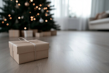 Mockup photo with space for text giftbox holiday present box with colorful ribbon bow, Generative AI