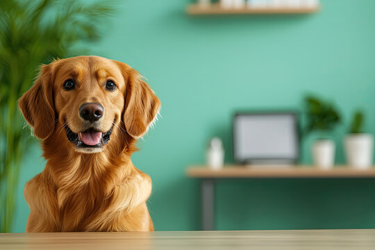 Friendly golden retriever portrait in a modern home office setting.