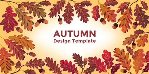 Obraz premium Autumn seasonal background with frame made of falling autumn oak colored leaves and acorns with place for text. Trendy Fall handmade drawing vector illustration.