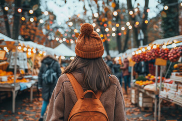Seasonal autumn fair market with bright warm autumn colors, people crowd shopping having fun, Generative AI