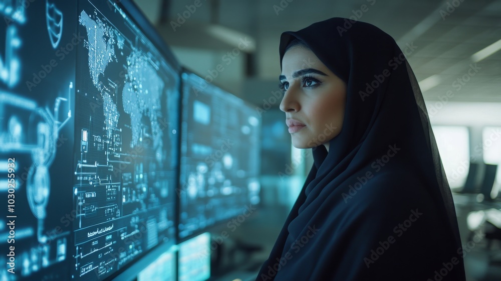 Poster A woman wearing a black headscarf is seated in an office looking intently at a large computer screen. The screen is displaying a world map and other data in a blue-toned color scheme.