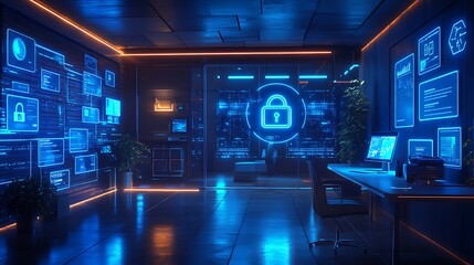 A futuristic office with holographic displays showcasing GDPR compliance, encrypted data flows surrounding personal information, a digital padlock representing data protection, soft neon lighting,