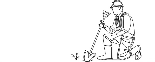continuous single line drawing of construction worker with shovel kneeling on ground, line art vector illustration