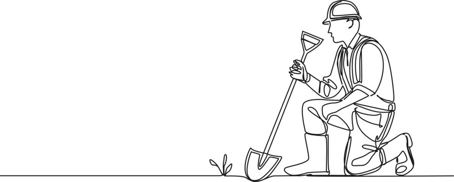 recommend clip art: continuous single line drawing of construction worker with shovel kneeling on ground, line art vector illustration