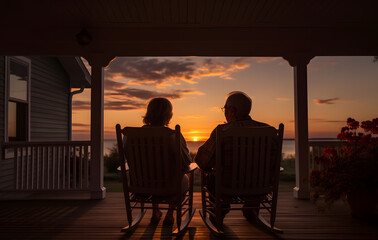 Two grandparents sit on chairs in front of the house, facing the sunset.