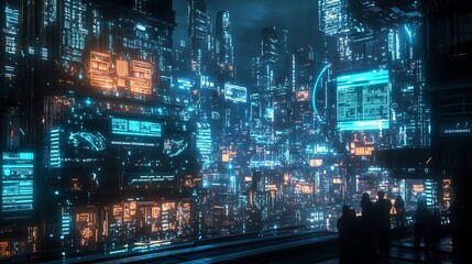 Fototapeta premium A futuristic smart city with IoT devices everywhere, legal experts debating privacy and data security on holographic screens, glowing blue and green data streams representing connected devices,