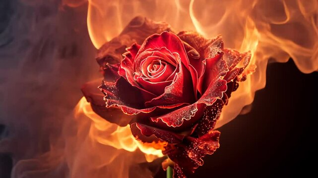 A single red rose blooms in a fiery inferno, a striking contrast of delicate beauty and intense heat