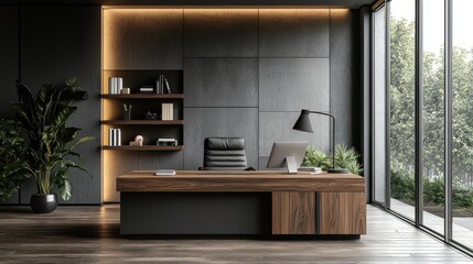 Stylish home office interior with a large walnut desk and modern decor, spacious design featuring natural light through large windows