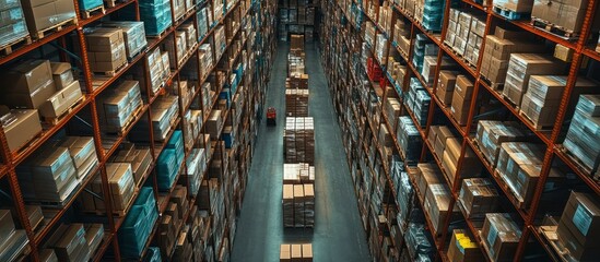 Fototapeta premium A high angle view down a warehouse aisle with shelves full of boxes.
