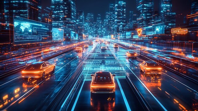A futuristic traffic control center where AI regulates self-driving cars according to legal frameworks, glowing holographic displays showing road safety data and regulations,