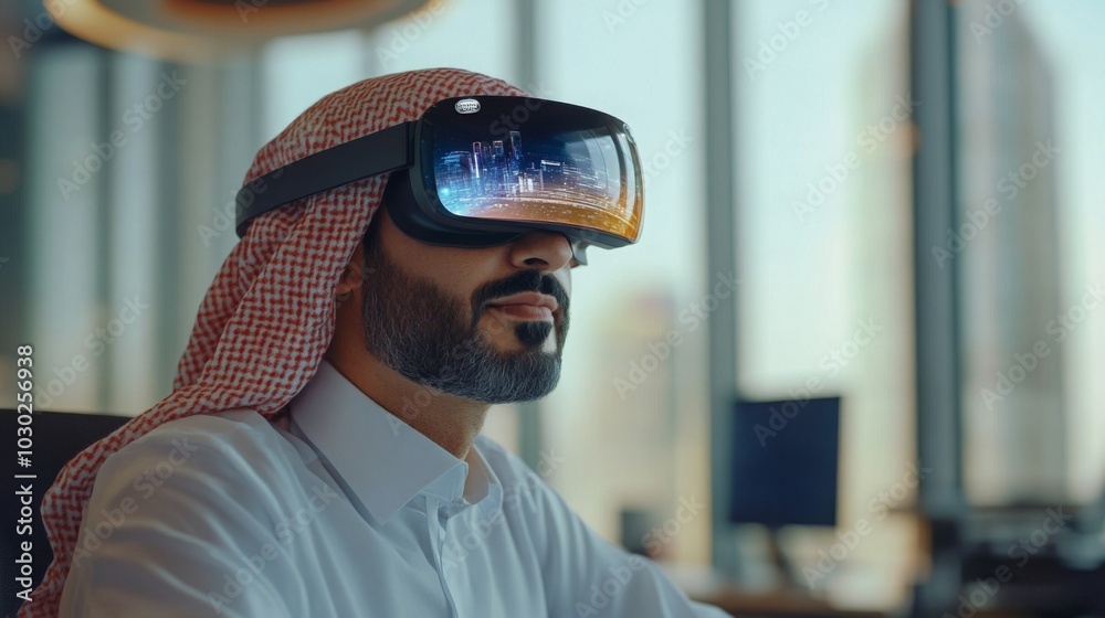 Aufkleber A man is engaged in using augmented reality glasses while seated at a desk in a modern office