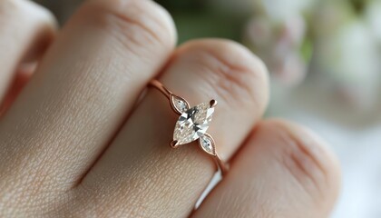 Elegant rose gold ring with a marquise cut diamond, perfect for engagements or special occasions