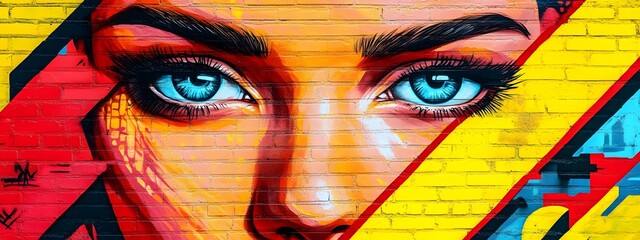 Abstract face with red lips and blue eyes, in the style of street art style, colorful geometric patterns, golden ratio composition, portrait of an attractive woman in the background
