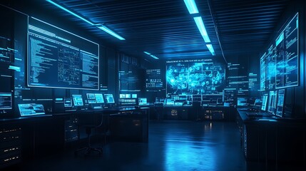 A high-tech digital forensics lab where law enforcement analyzes cybercrime evidence, holographic displays showing encrypted emails, device logs, and digital trails,