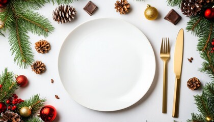 White empty dinner plate on Elegant Festive Table Setting. Beautiful Holiday Decor for Celebrations. Chic plate arrangement adorned a gold accents and winter decoration. Top view, flat lay, copy space