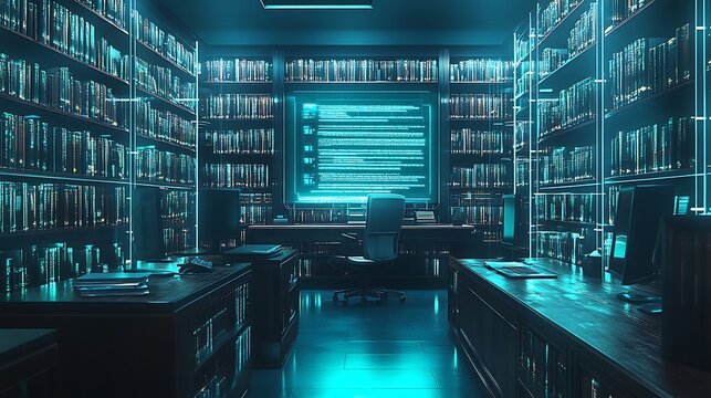 A high-tech legal workspace where AI automation handles legal document generation, lawyers reviewing glowing holographic contracts, digital tools streamlining client interactions,