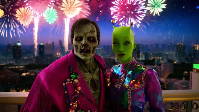 Funny selfie moment of a hulking zombie man dressed to impress alongside his extraterrestrial green alien girlfriend enjoying New year's eve midnight celebration fireworks over the city skyline