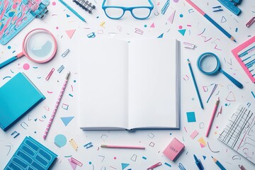 Creative educational background with colorful school supplies and open book on a white poster layout