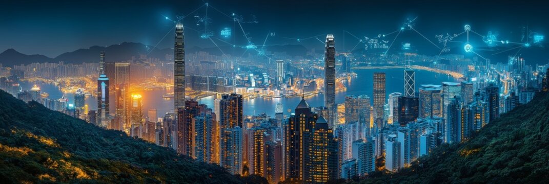 Hong Kong Skyline and Financial Graph, Representing Investment, Stock Market, and Trading Concepts