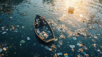 Man is navigating through a small boat on a highly polluted river