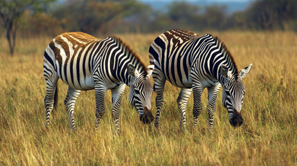 Fototapeta premium A pair of zebras grazing side by side in a South African nature reserve, their striking stripes creating a captivating visual pattern in the wild landscape.