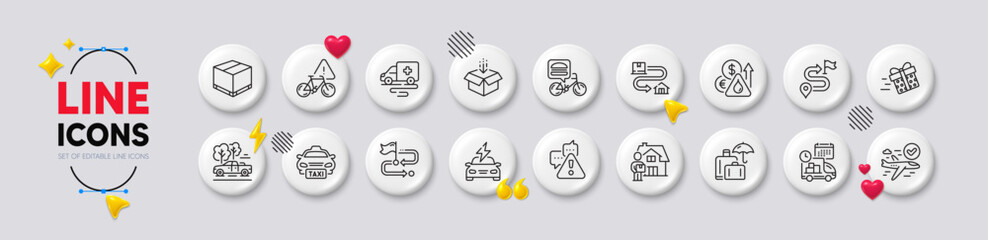 Delivery box, Bike attention and Car charging line icons. White buttons 3d icons. Pack of Pickup, Travel path, Taxi icon. Confirmed flight, Delivery, Ambulance transport pictogram. Vector
