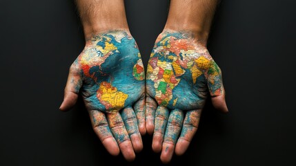 Hands Patterned with a World Map Representing Global Connectivity and Diversity
