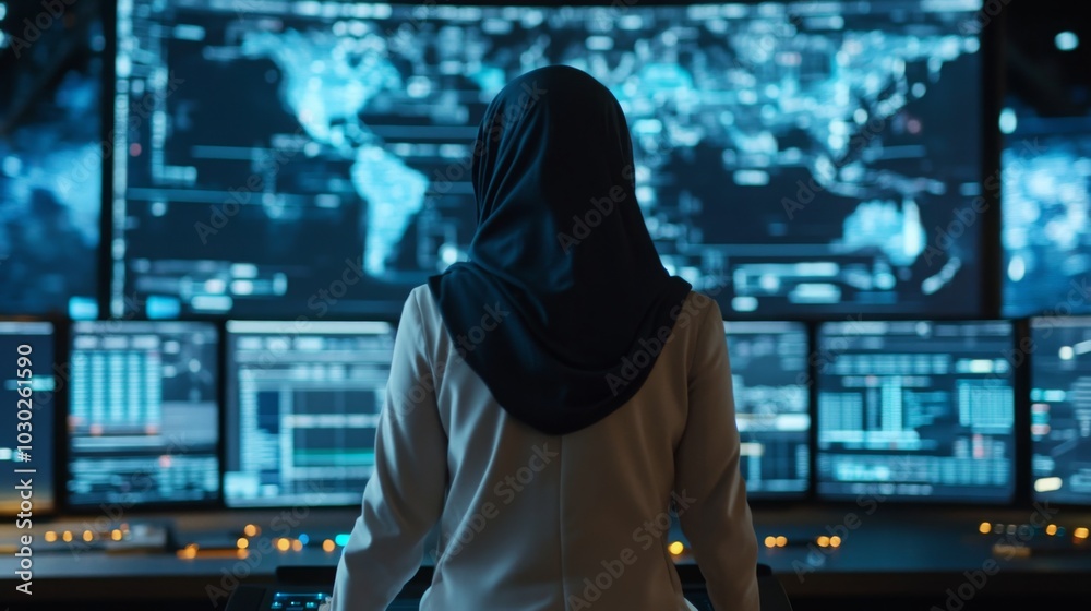 Poster A woman wearing a hijab stands in front of multiple screens filled with digital maps and data analytics in a control room