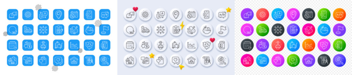 Donate, Milestone and 360 degrees line icons. Square, Gradient, Pin 3d buttons. AI, QA and map pin icons. Pack of Divider document, Rfp, Delivery icon. Fruits, Diagram chart, Loan pictogram. Vector