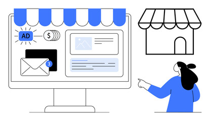 Depicts a person pointing at a computer screen with elements of online business such as ads, emails, and financials, next to a small store front. Ideal for online business, digital marketing, small