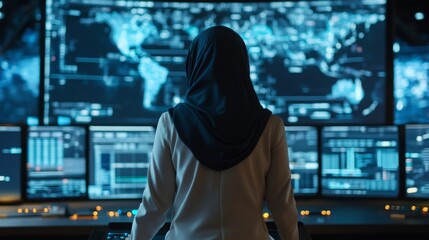 A woman wearing a hijab stands in front of multiple screens filled with digital maps and data analytics in a control room